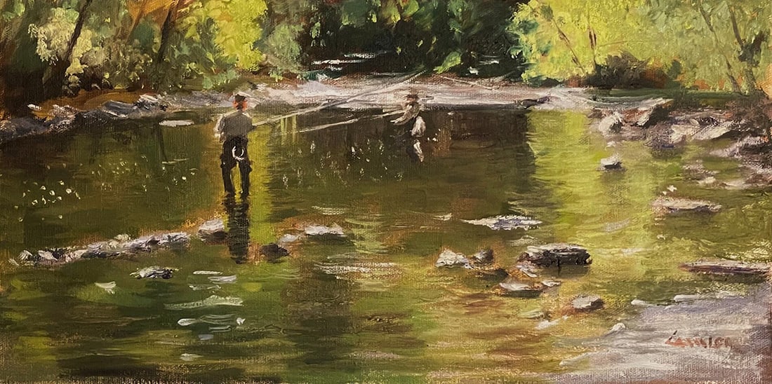 Megan Lawlor : Matching the Hatch: This Salmagundi work of art is titled, "Matching the Hatch". Oil. 8x16 (size) 14.5x22.5 (framed). Megan is a classically trained American artist, educated at Moore College of Art & Design and the