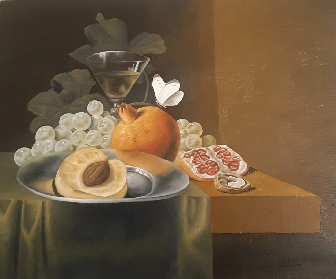 Matthew Koehler : Pomegranate and Halved Peach: This Salmagundi work of art is titled, "Pomegranate and Halved Peach". Oil. 8x10 (size) 9x11 (framed). Matthew Koehler is a contemporary painter who specializes in still life and landscape subjects, w