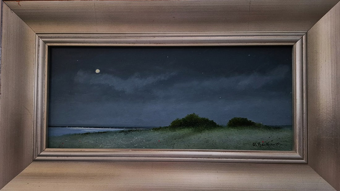 Albert Barker : Beach Moon: This Salmagundi work of art is titled, "Beach Moon". Oil. 4.5x10 (size) 8x13.5 (framed). Al Barker, was born in New Jersey and was raised within the New York Metropolitan area where he learned to