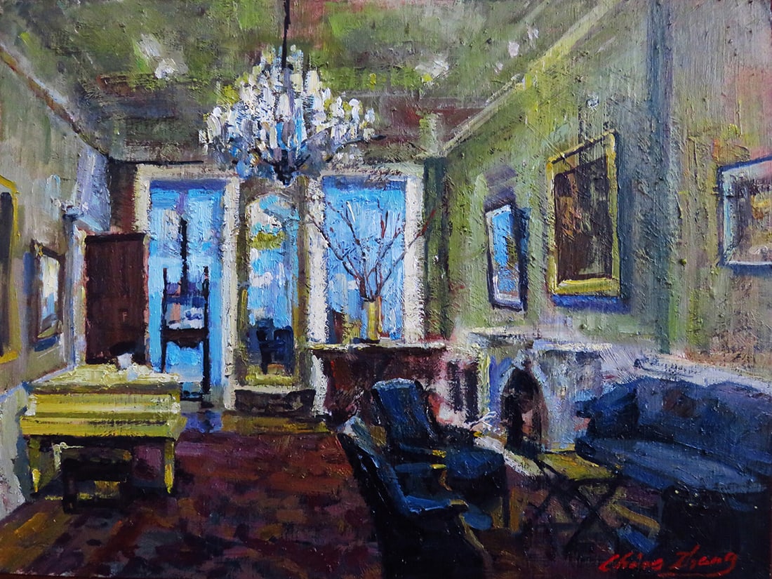 Christopher Zhang : SCNY Interior: This Salmagundi work of art is titled, "SCNY Interior ". Oil. 12x16 (size) 18x22 (framed). Zhang is an OPA master, Copley master, signature artist member of AAPL, and an elected artist member of Lyme