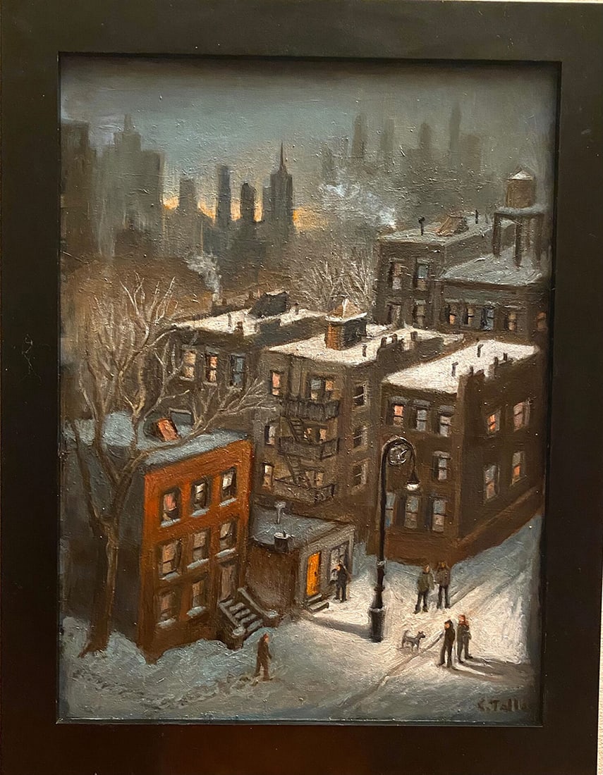 Carole Teller : City Lamp Light: This Salmagundi work of art is titled, "City Lamp Light". Oil. 12x9 (size) 14x10.5 (framed). Carole Teller is a long time member of the Salmagundi Club who has exhibited extensively with and
