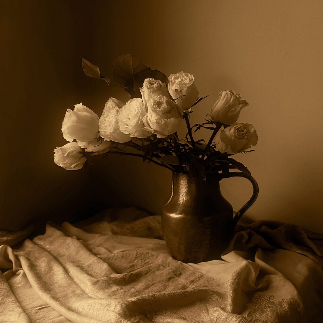 Ellen Fisch : Roses in a Copper Pitcher: This Salmagundi work of art is titled, "Roses in a Copper Pitcher ". Photography . 10x10 (size) 21.5x21.5 (framed). Working in color, sepia and black and white photography, Ellen Fisch has presented