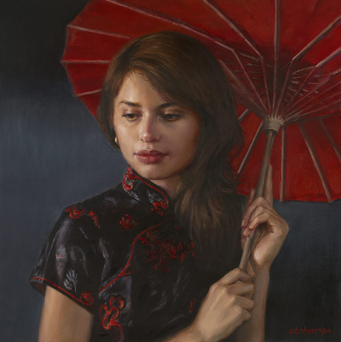Anna Toberman : Memory of Rain: This Salmagundi work of art is titled, "Memory of Rain". Oil. 12x12 (size) 16.25x16.25 (framed). Anna Toberman, an American artist from the Chicago area, creates in oils, charcoal, pastel, conte and