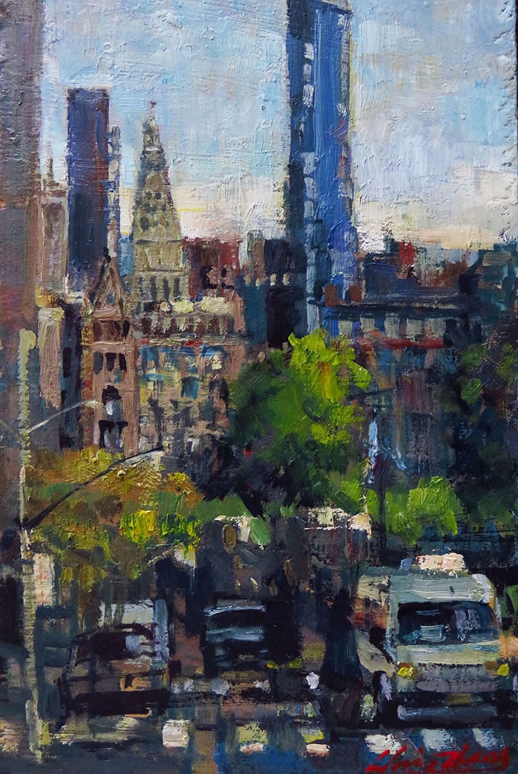Christopher Zhang : Union Square Market: This Salmagundi work of art is titled, "Union Square Market ". Oil. 12x8 (size) 14x10 (framed). Zhang is an OPA master, Copley master, signature artist member of AAPL, and was elected artist member