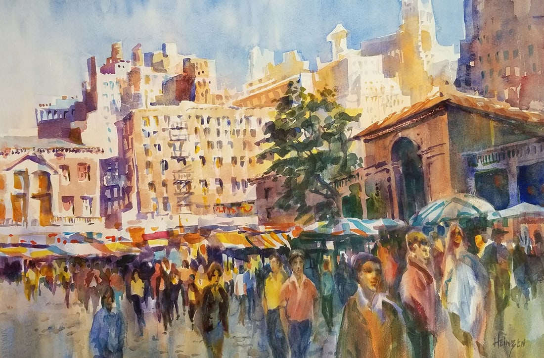 Mary Heinzen : Union Square Afternoon: This Salmagundi work of art is titled, "Union Square Afternoon ". Watercolor. 13x21 (size) 22x29 (framed). Working in watermedia for decades, Mary Ann Heinzen's paintings are loose, painterly with