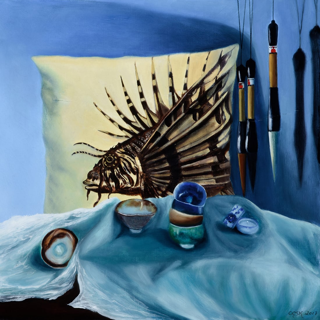 Carolyn Kleinberger : Lionfish Pillow: This Salmagundi work of art is titled, "Lionfish Pillow". OIl. 18x18 (size) 20x20 (framed). Carolyn CS Kleinberger is an imaginative realist painter of seascapes, landscapes, florals and people and