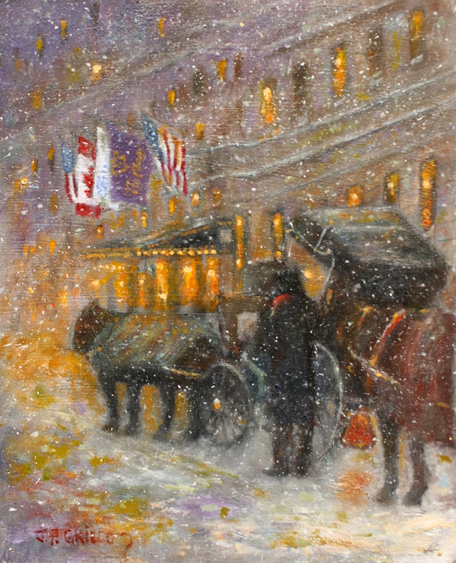 Joseph Grieco : Plaza Evening: This Salmagundi work of art is titled, "Plaza Evening ". Oil. 10x8 (size) 15x13 (framed). Mr. Grieco is an American award winning artist. Best known for his enchanting city scapes, tonal landscapes an