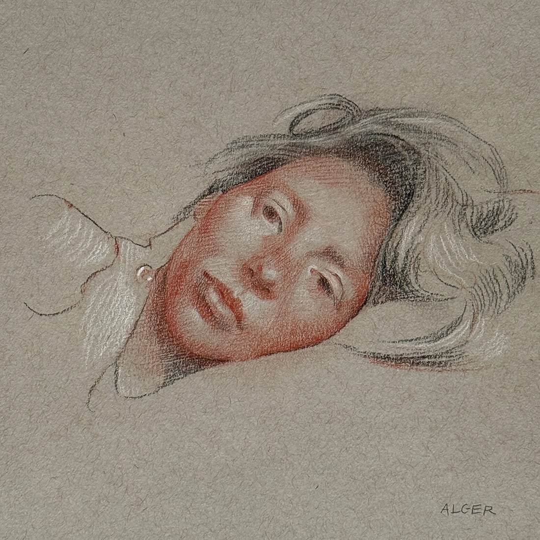 Nicole Alger : Reverie: This Salmagundi work of art is titled, "Reverie ". Charcoal. 6x6 (size) 11x11 (framed). Nicole Alger graduated the Florence Academy of Art. Her drawings and paintings have shown in international jurie