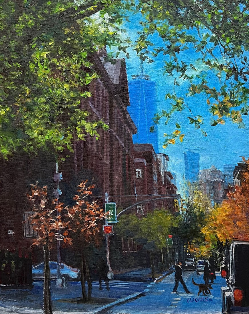 Mary Carew : Autumn in the Village: This Salmagundi work of art is titled, "Autumn in the Village ". Oil. 14x9.75 (size) 15x12 (framed). Mary Jo Carew is a realist oil painter who has been inspired by the impressionists. She paints that