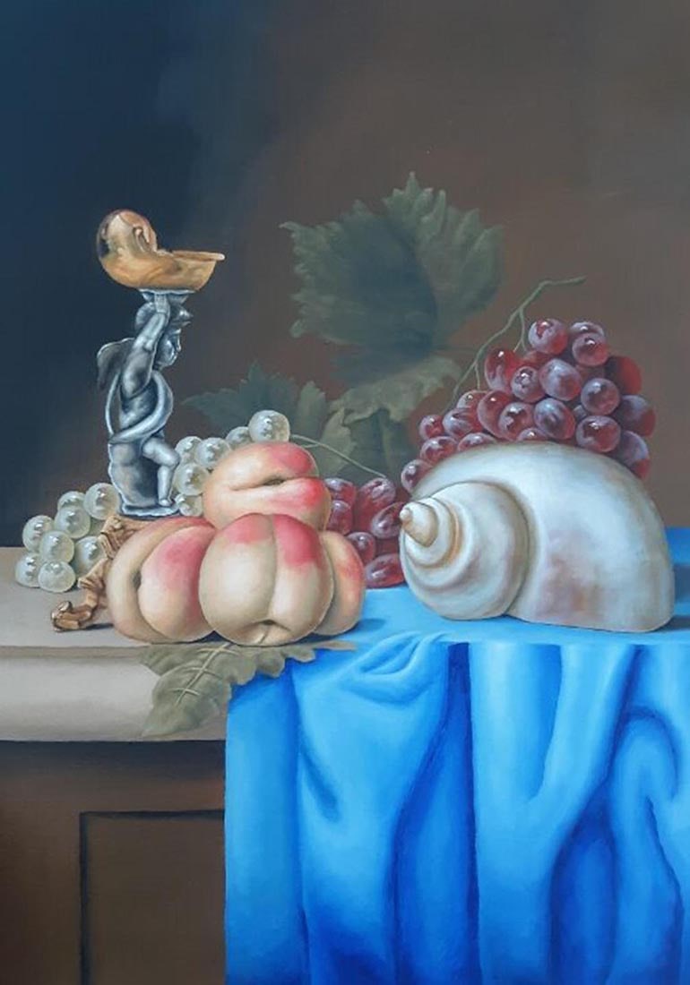 Matthew Koehler : Still Life with Peaches and Shell: This Salmagundi work of art is titled, "Still Life with Peaches and Shell ". Oil. 16x14 (size) 18x16 (framed). Matthew Koehler is a contemporary painter who specializes in still life and landscape sub