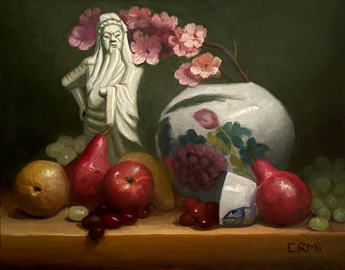 Cecilia Mongrut : Pears and Gray Vase: This Salmagundi work of art is titled, "Pears and Gray Vase ". Oil]. 9x12 (size) 10.513.5 (framed). Cecilia is a figurative artist based in New York City. After an early retirement from her career as