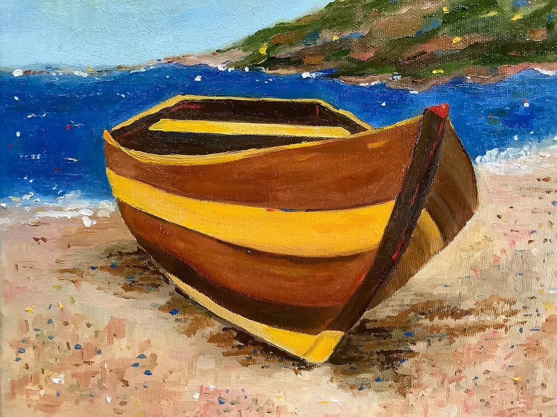 Robin Jane Solvang : Wooden Boat: This Salmagundi work of art is titled, "Wooden Boat ". Oil. 8x10 (size) 11.5x13.5 (framed). Robin Solvang has been a Salmagundi Resident Artist since 2012. She works in oils, monotypes, pen& ink, grap
