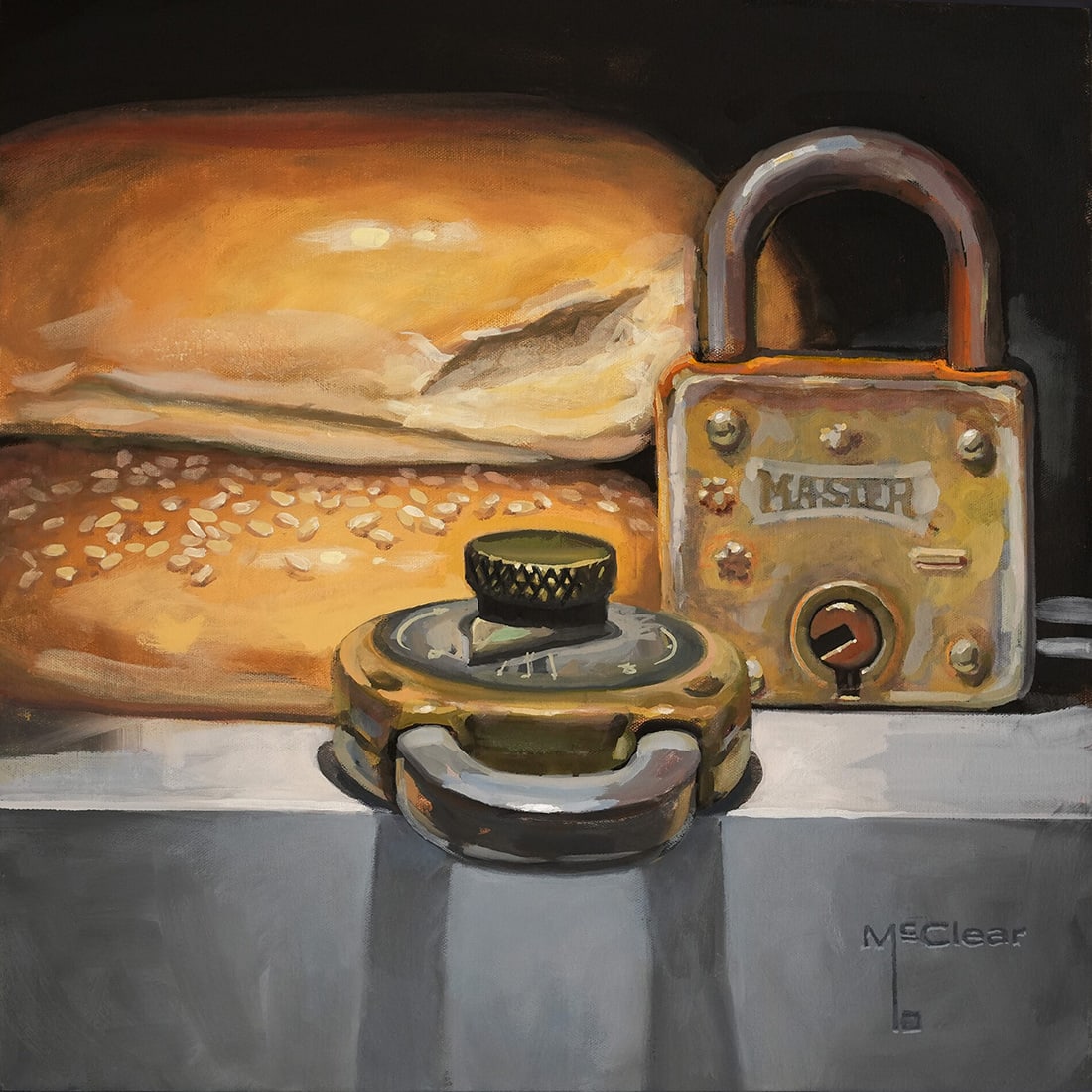 Brian McClear : Bagels and Locks: This Salmagundi work of art is titled, "Bagels and Locks ". Oil. 17x17 (size) 19.5x19.5 (framed). Brian's paintings explore connections-often serious, sometimes quirky-to tell a story, or simply share