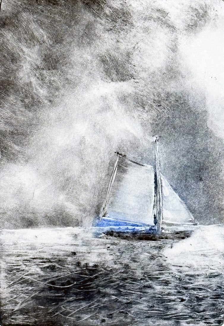 Karen Loew : On the Hudson: This Salmagundi work of art is titled, "On the Hudson". Printmaking . 6x4 (size) 13.25x11.25 (framed). An expert monotype artist, Karen creates her unique works at the Salmagundi Club monotype parties