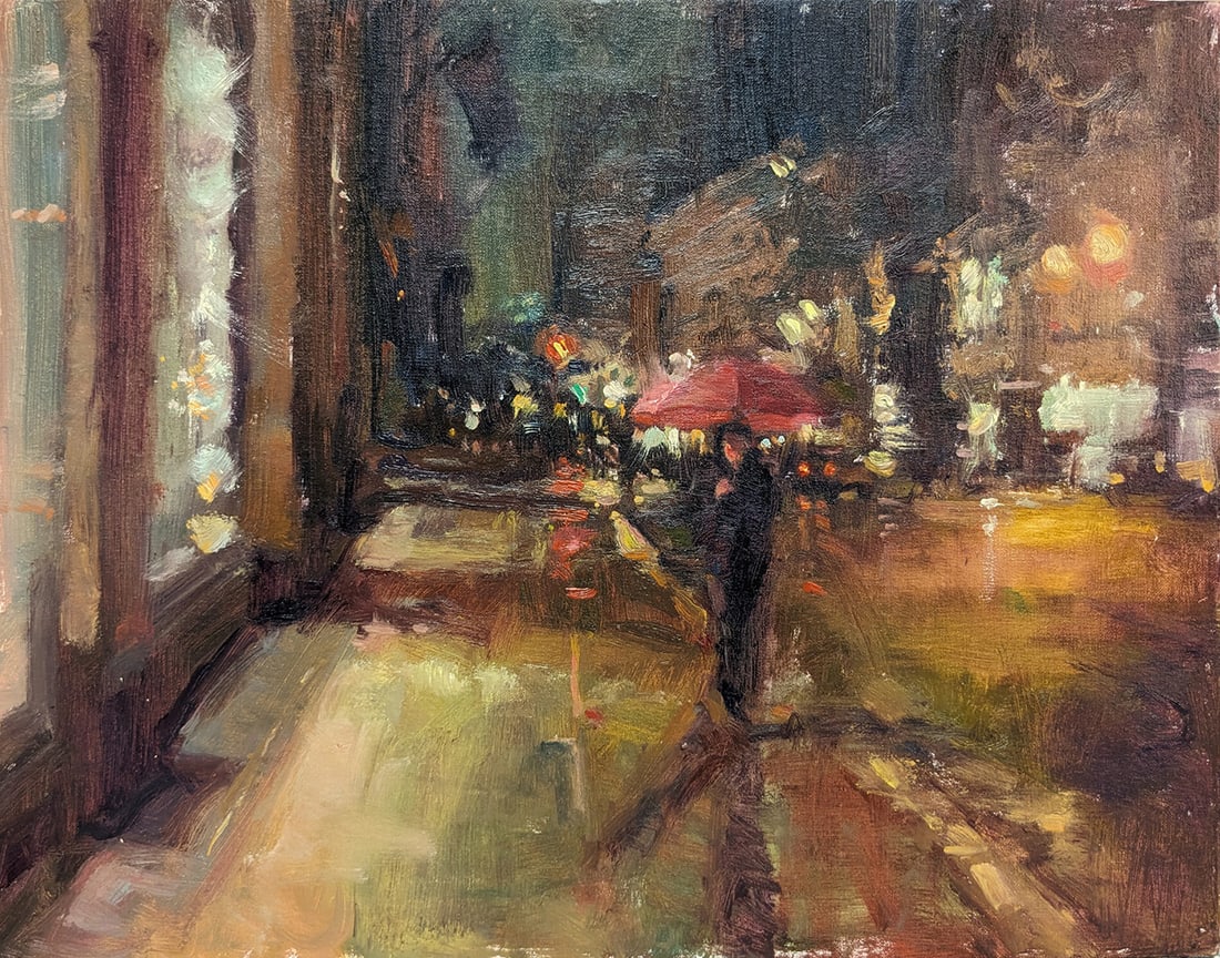Robin Cheers : Rainy Times: This Salmagundi work of art is titled, "Rainy Times ". Oil. 11x14 (size) 17x20 (framed). Robin Cheers is an artist working in the impressionist tradition focused on representing the figure and everyda