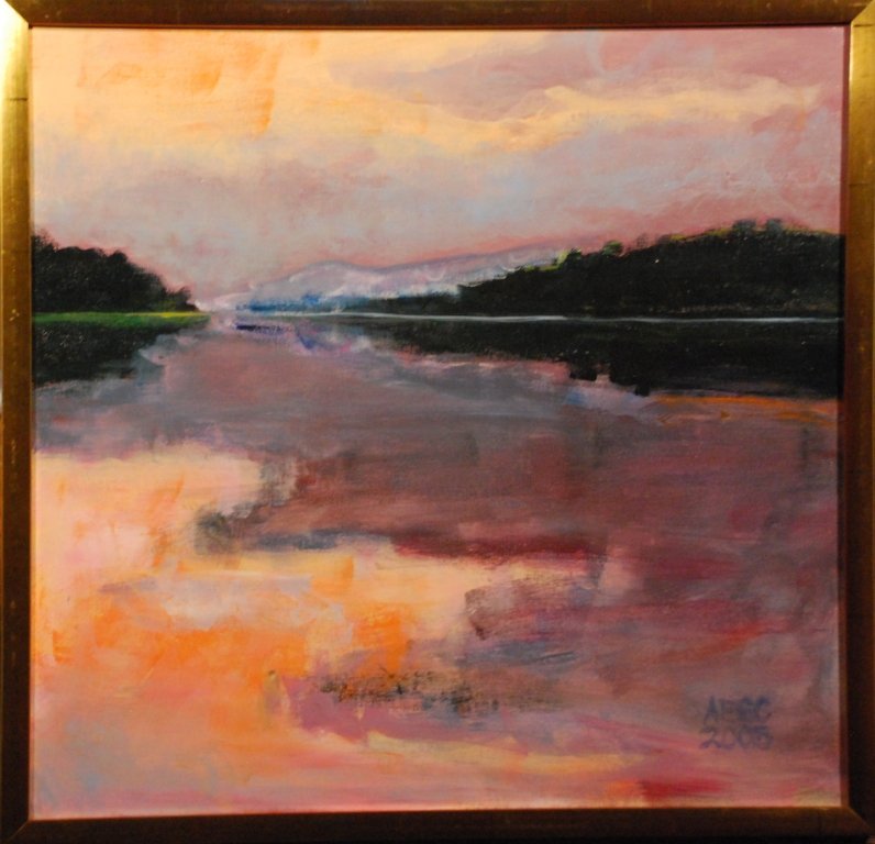 "Poxono Landing: Summer Sunset", Annie Shaver-Crandell: Landscape chosen for Salmagundi's American Scenes Show in Amsterdam. Acrylic. Image: 18 x 18 inches. Framed: 19 x 19 inches.