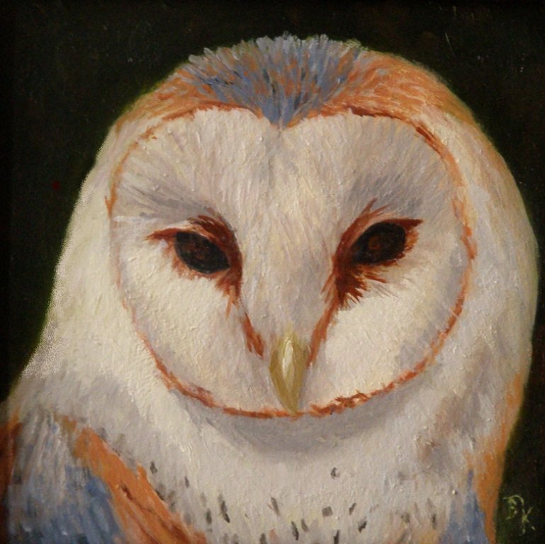 "Barn Owl", Beth Kurtz: Oil. Image: 5 x 5 inches. Framed: 8.5 x 8,5 inches.