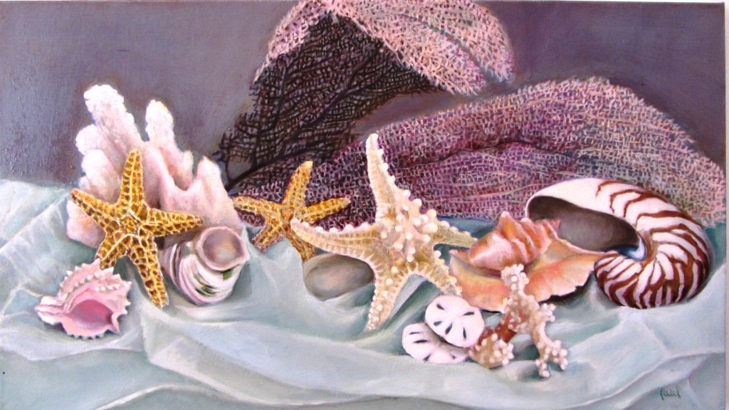 "Starfish and Sea fans", Sherri Paul: Seashells by the sea. Oil. Image: 16 x 28 inches. Framed: 18 x 30 inches.