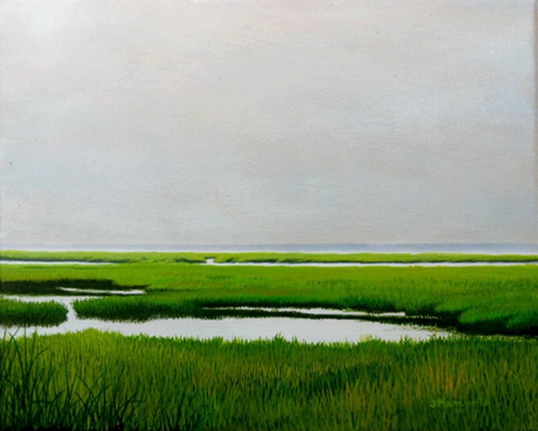 "Overcast", John Mansueto: A cloudy day over a salt marsh. Acrylic. Image: 8 x 10 inches. Framed: 12.5 x 14.5 inches.