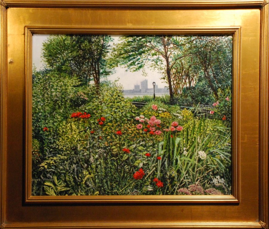 "Central Park At W. 96th", Roger Rossi: Central Park flower gardens on the Upper West Side. Oil Image: 16 x 20 inches Framed: 22 x 26 inches.
