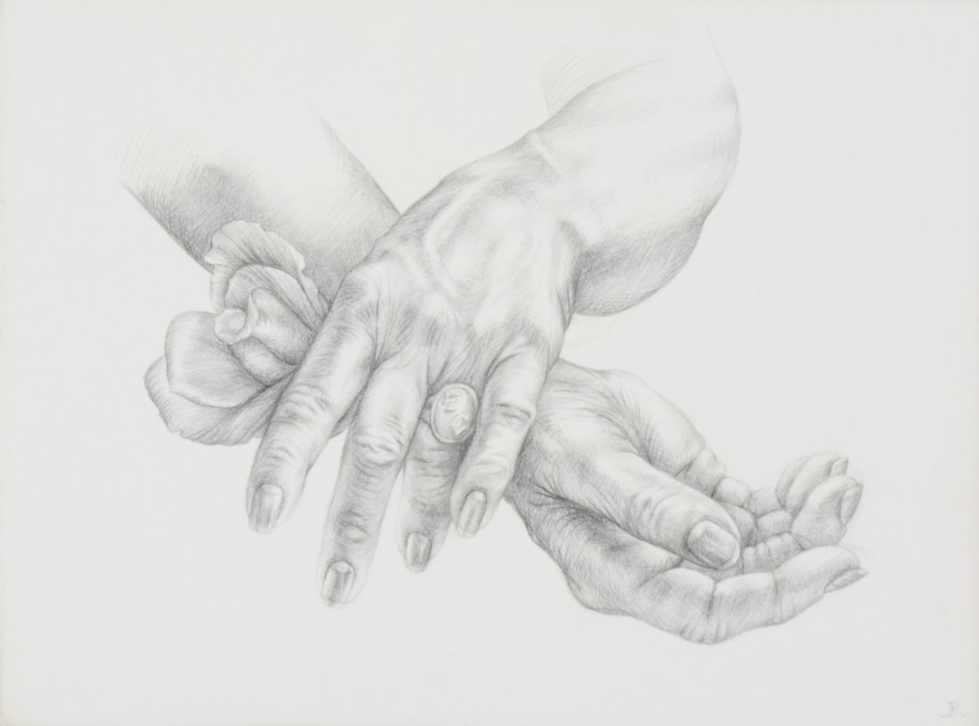 "Hands and Rose", Lauren Amalia Redding: Delicate silverpoint drawing framed in whitewashed hard maple. Silverpoint on panel. Image: 6 x 8 inches. Framed: 12.5 x 14.5 inches.