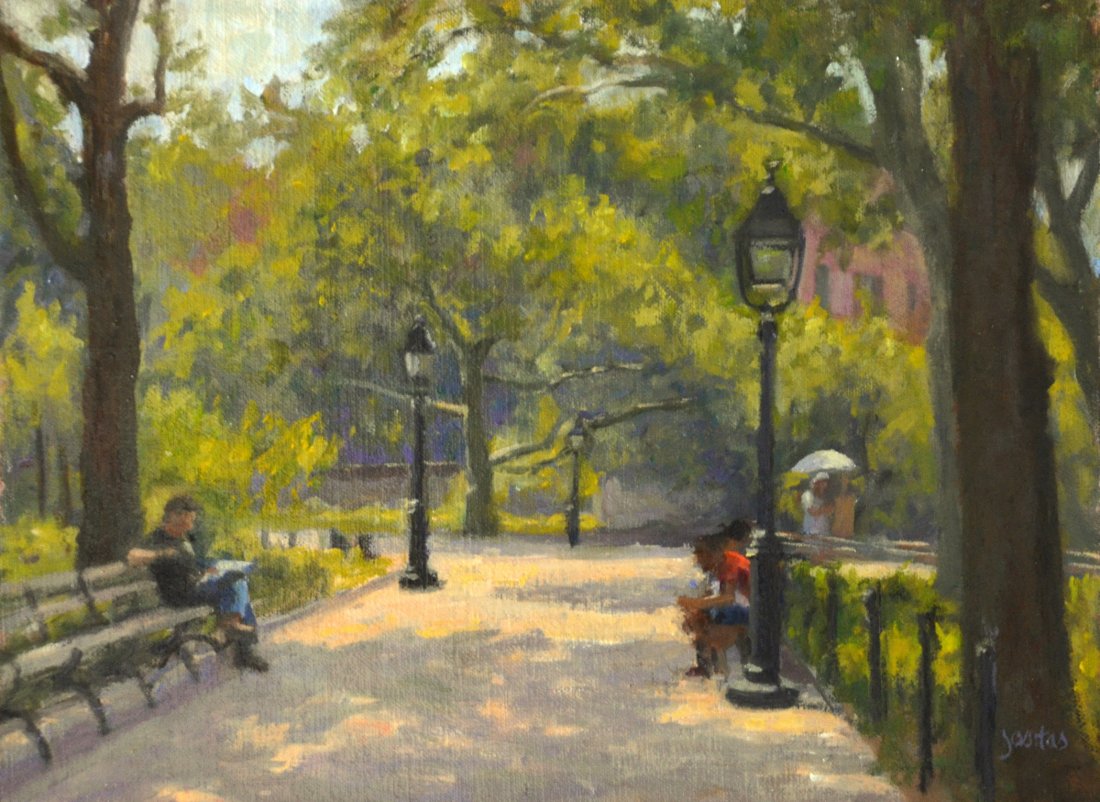 "Morning in Washington Square", Susan Jositas: Relaxing in the park on a sunny summer morning (with an artiste in the distance painting en plein air). Oil. Image: 9 x 12 inches. Framed: 14.5 x 17.5 inches.