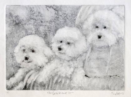 "The Eyes Have It", Karen Loew: From the artist's animal series. Monotype. Image: 5 x 7 inches. Framed: 11 x 14 inches.