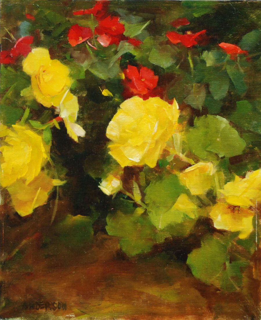 "Non Stop Begonias", Kathy Anderson: Begonias and impatiens painted plein air in Colorado. Oil. Image: 12 x 10 inches. Framed: 16 x 14 inches. Kathy won the Sylvia Glesmann Floral/Still Life Award in the 2014 Spring Auction Exhibition.
