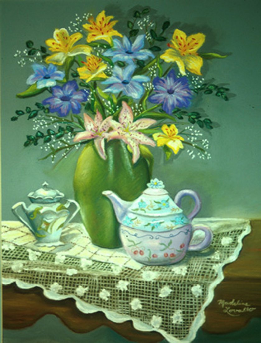 "Floral with Lace Tablecloth", Madeline Lovallo: This picture shows a vase of pretty flowers with an floral teapot and a lace tablecloth. Pastel. Image size: 14x18 inches. Framed: 24x20 inches.