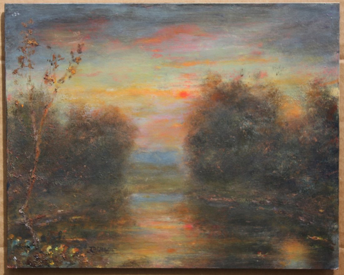 "Crimson Calm", Joseph Grieco: Response to "A Crimson Sunset on a Grey Day". Acrylic. Image size: 8x10 inches. Framed: 15x17 inches.