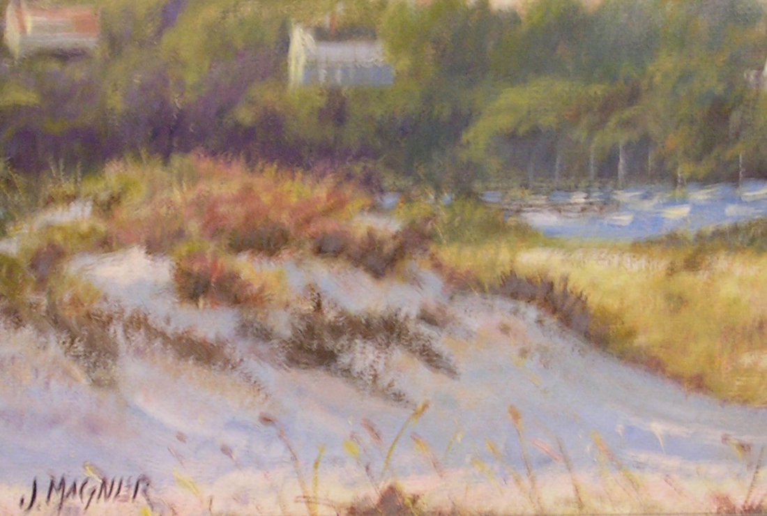 "Distant Harbor", James Magner: Painted plein air study of a harbor in Cape Cod Oil. Image size: 5x7 inches. Framed: 9x11 inches.