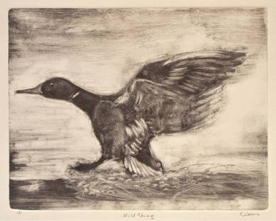 "Wild Thing", Karen Loew: One of the monotypes in the artist's "Birds of a Feather" series, devoted to capturing the motion of a lively subject. Monotype. Image size: 7 1/4 x 9 1/4 inches. Framed: 13x16 inches.