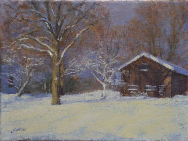 "Morning Blanket", Susan Jositas: The morning sun illuminates the snowy landscape in beautiful contrast to the backdrop of the receding storm clouds. Oil. Image size: 9x12 inches. Framed: 15x18 inches.