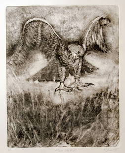 "Have We Met", Karen Loew: One of the monotypes in the artist's "Birds of a Feather" series, bringing you eye-to-eye with the action! Monotype. Image size: 9 1/4 x 7 1/4 inches. Framed: 22x18 inches.