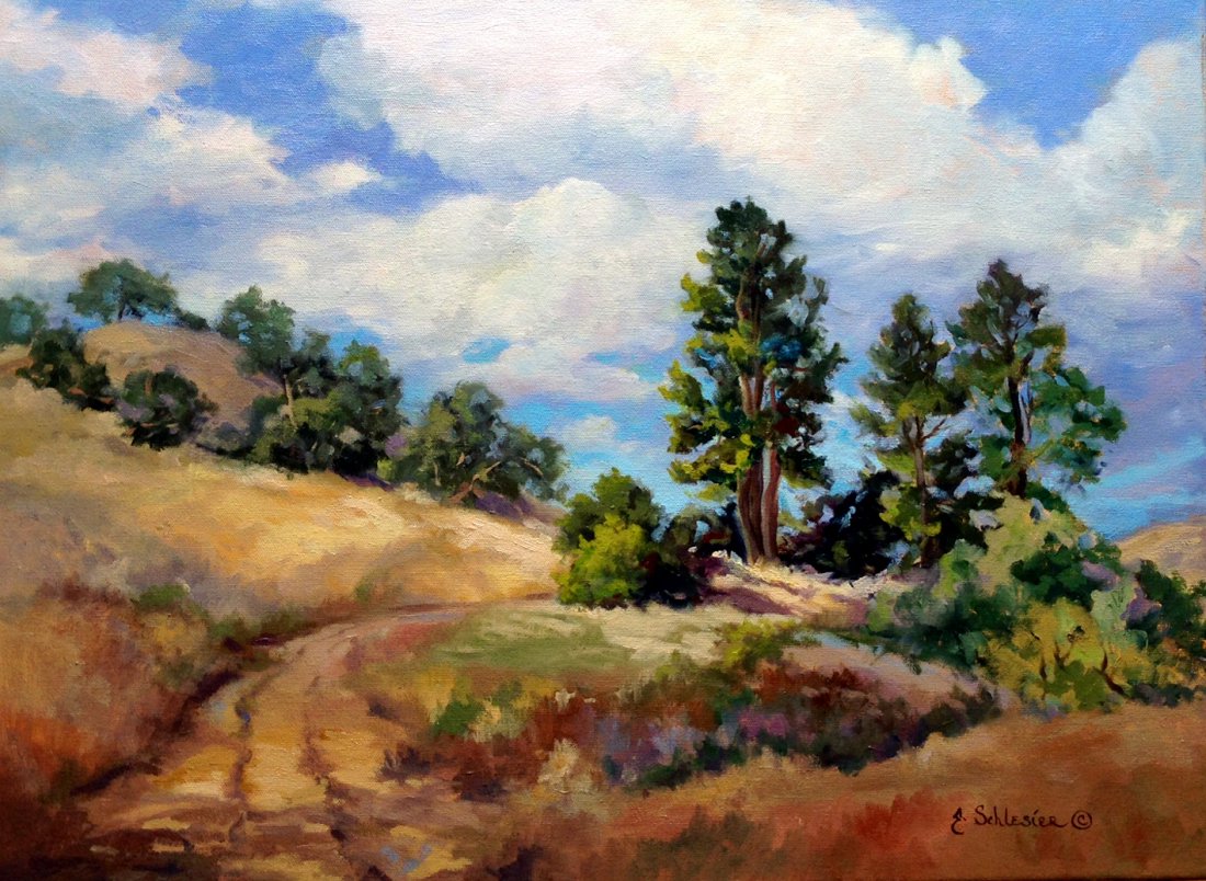 "Spring", Grace Schlesier: Springtime in California is magnificent and I’m out painting nearly every day. The winter rains (our rainy season) turns the rolling hills into velvety greens and wild flowers seem to pop up everywh