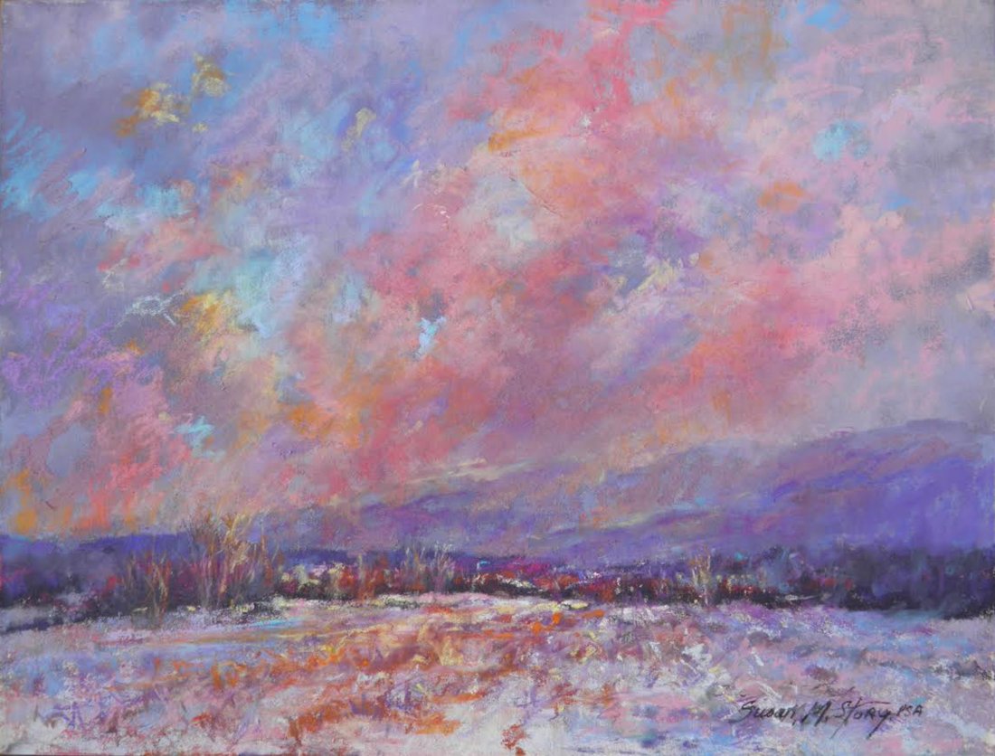 "Winter Sky", Susan M. Story: Winter Sky, was painted with soft pastel on Wallis paper of a dramatic Catskill sunset. Pastel. Image: 9X12 inches. Framed: 14X17 inches. Founded in 1871, the Salmagundi Club continues to offer curren