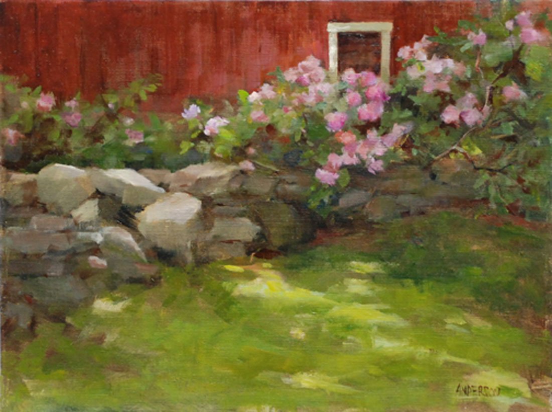 "Afternoon Light on Rhododendrons", Kathy Anderson: Painted from life in Weston, Mass. while participating in a plein air paint-out at Regis College. Oil. Image: 9x12 inches. Framed: 13x16 inches. Founded in 1871, the Salmagundi Club continues to offer