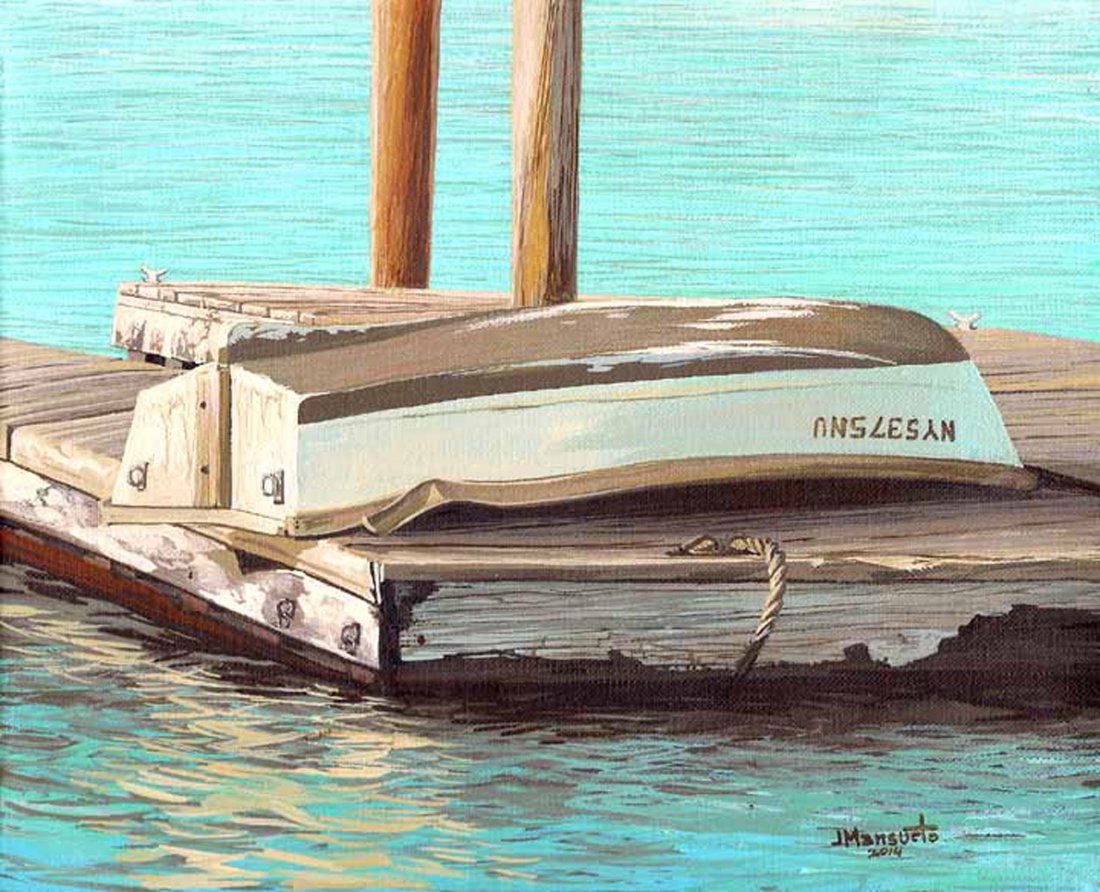 "Belly Up", John Mansueto: Over turned dingy on a floating dock. Acrylic. Image: 8x10 inches. Framed: 11x13 inches. Founded in 1871, the Salmagundi Club continues to offer current works by current members.
