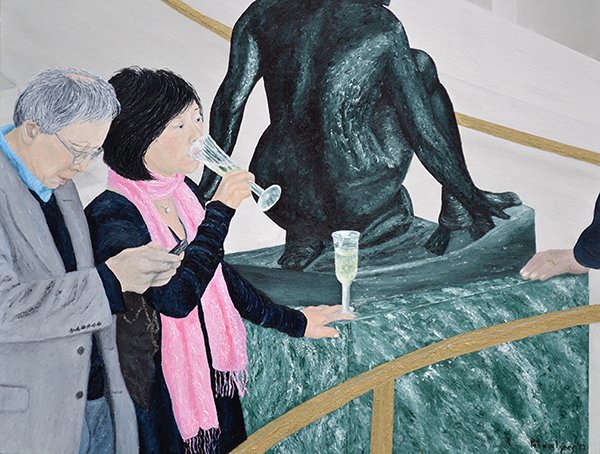 " The Champagne Drinker ", Patricia Hynes: Sometimes toys can be great distractions. Oil on canvas. Image Size: 24x30. . About the Artist: a painter with an MFA from Rutgers University and a BA from Douglas College. Paintings initiate a dialog