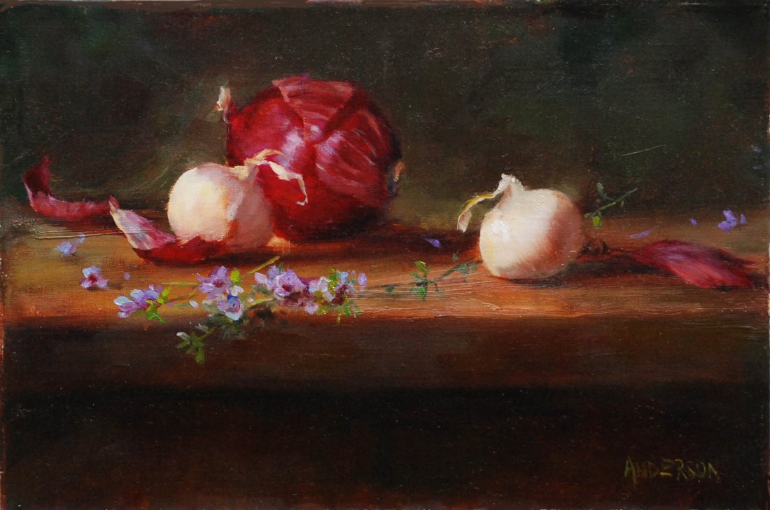 " Onions and Thyme ", Kathy Anderson: Thyme and Onions on the chopping block. Oil. Image Size: 8x12. Framed: 8X12. About the Artist: Known for studio & Plein Air. Attended Plein Air magazine painting trip to Cuba. Upcoming: series of scen
