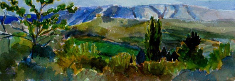Annie Shaver-Crandell, "View Towards Lacoste": A spring landscape from the Luberon region of Provence. Watercolor. Image size: 10x28. Framed: 17 x 36.