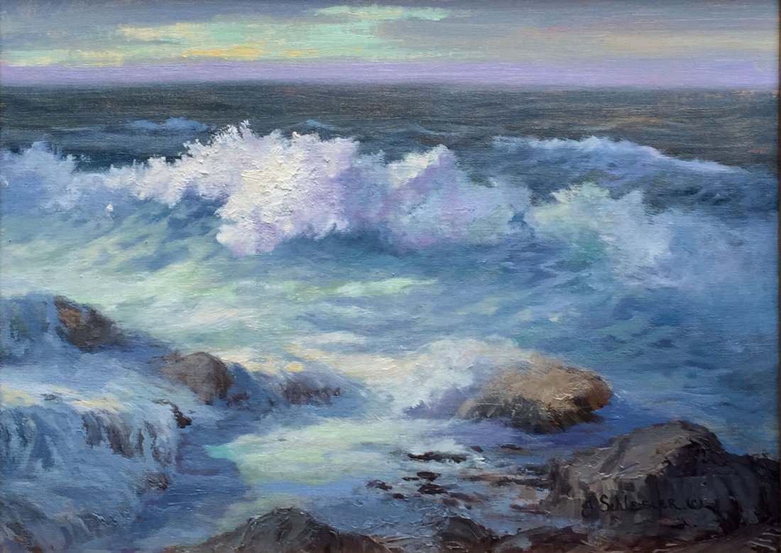 Grace Schlesier, "The Sea": Tide was coming up, bring some wonderful movement to the splashing waves. Oil. Image size: 12 X 16. Framed: 16 X 20.