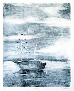 Karen Loew, "Ghost": From the Galapagos trip. This ship was anchored not far from our more contemporary ship. We woke to the sight of it in dawn's early light. Monotype. Image size: 9.375"H x 7.375"W. Framed: 22"H x 18"W