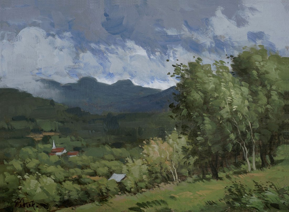Thomas Torak, "Storm over the Valley": A dramatic Vermont landscape painted en plein air. Oil. Image size: 9 x 12. Framed: 13 x 16. About the Artist: Thomas is an instructor of portraiture and figure painting at the Art Students League of 