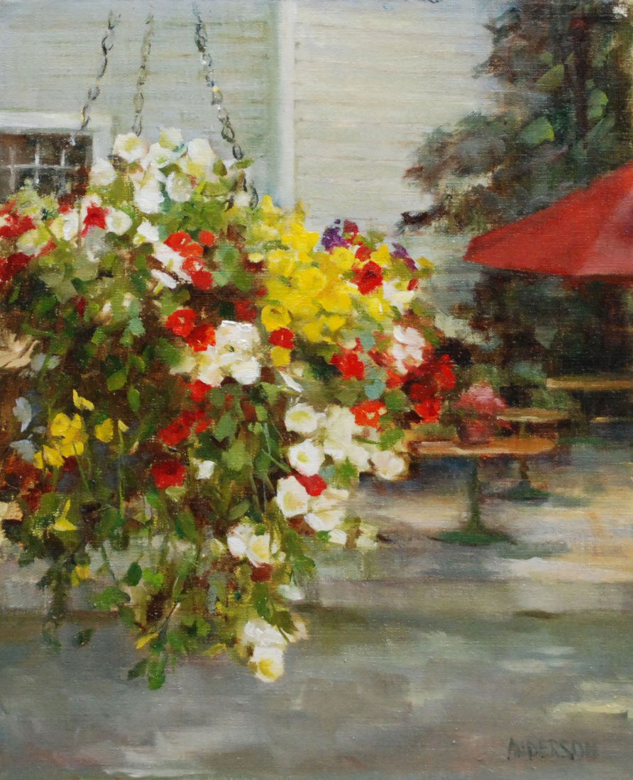 "The Flower Shop", Kathy Anderson: This painting started as a plein air piece in Telluride, CO., where I participated for 7 years in the Telluride Plein Air competition. Oil. Image Size in inches: 11X9. Framed: 16X14. About the Artist: