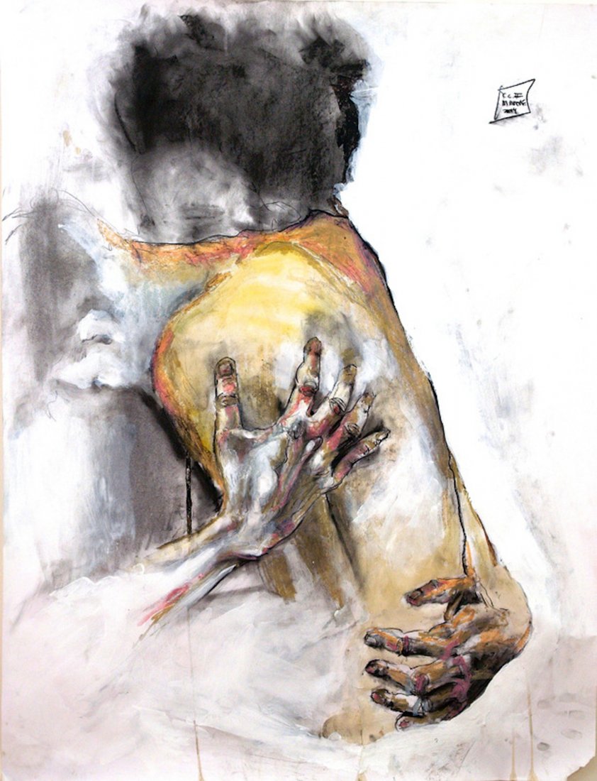 M Moore, "CC II 2014": This one is about grief, loss and letting go. Crayon, Charcoal, Coffee, Primer. Image size: 30x40. Framed: 32x42. About the Artist: "Above everything else, art is assigned the task of empathy. In her 
