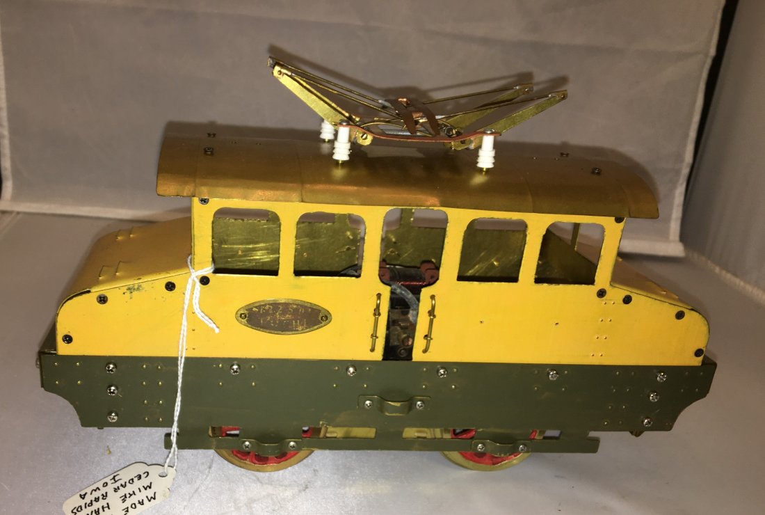 Han Standard Gauge 0-4-0 Brass Electric Locomotive: Han standard gauge 0-4-0 electric locomotive. Powered, brass construction.