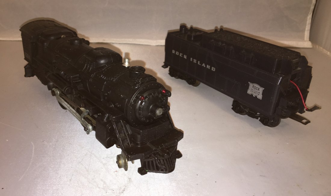 Lionel Rock Island O Gauge Steam Engine and Tender: Lionel 8304 Rock Island O gauge 4-4-2 steam engine and tender. Powered, diecast locomotive, whistle.