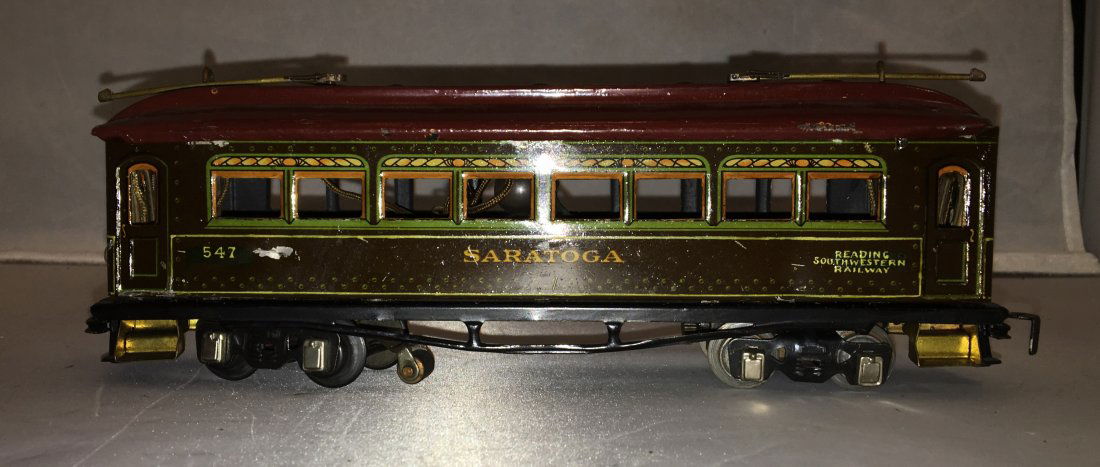 American Flyer Prewar O Gauge Streetcar: American Flyer (we think it is American Flyer) Prewar O gauge streetcar. Powered, lighted, metal construction.