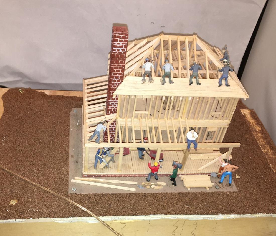 Wood O Gauge Animated House Under Construction: O gauge house under construction diorama. Animated, wood construction, sophisticated power mechanism. About 14 inches by 9 inches.
